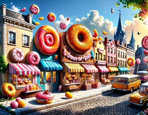 general shot: 1.5, ((beautiful world of sweets and pastries, city with buildings, sweet bridges, let your imagination fly: 1.4, ...