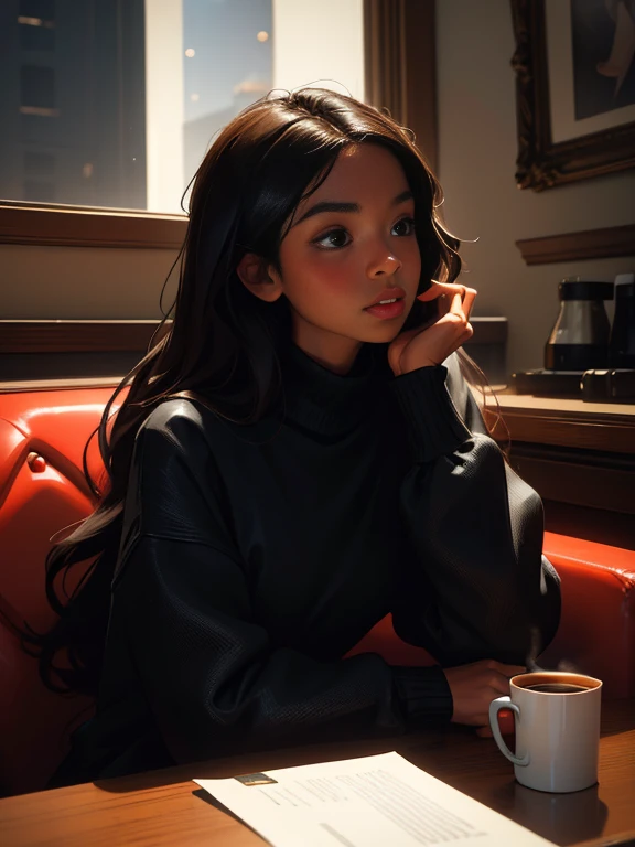 ((masterpiece, best quality, ultra detailed, ultra high res)), (distant), chiaroscuro, coffee, indoors, solo focus, pov, (through the window), (armrest), 1 girl,(dark skin), ebony skin, ebony nose, full lips, facing away, black hair, long hair, distracted, sitting, fuzzy sweater shirt, (looking away), streetspace, neon lights, particles, 