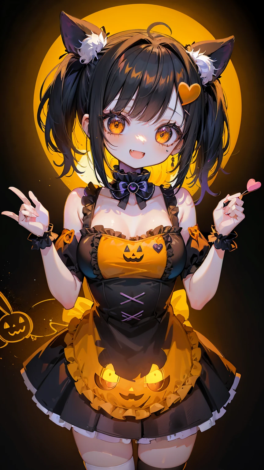 tema do dia das bruxas, "kawaii, Garota coelhinha de laranja fofa com um sorriso fofo mostrando os dentes e segurando um doce de Halloween, para estabelecer, Garota adorável de laranja, neon laranja preto, e esquema de cores limão bebê. Ela usa roupas com tema de Halloween. A roupa dela é fofa e macia, Com acessórios de decoração como grampos de cabelo. Ela incorpora um estilo de moda Harajuku vibrante e moderno."