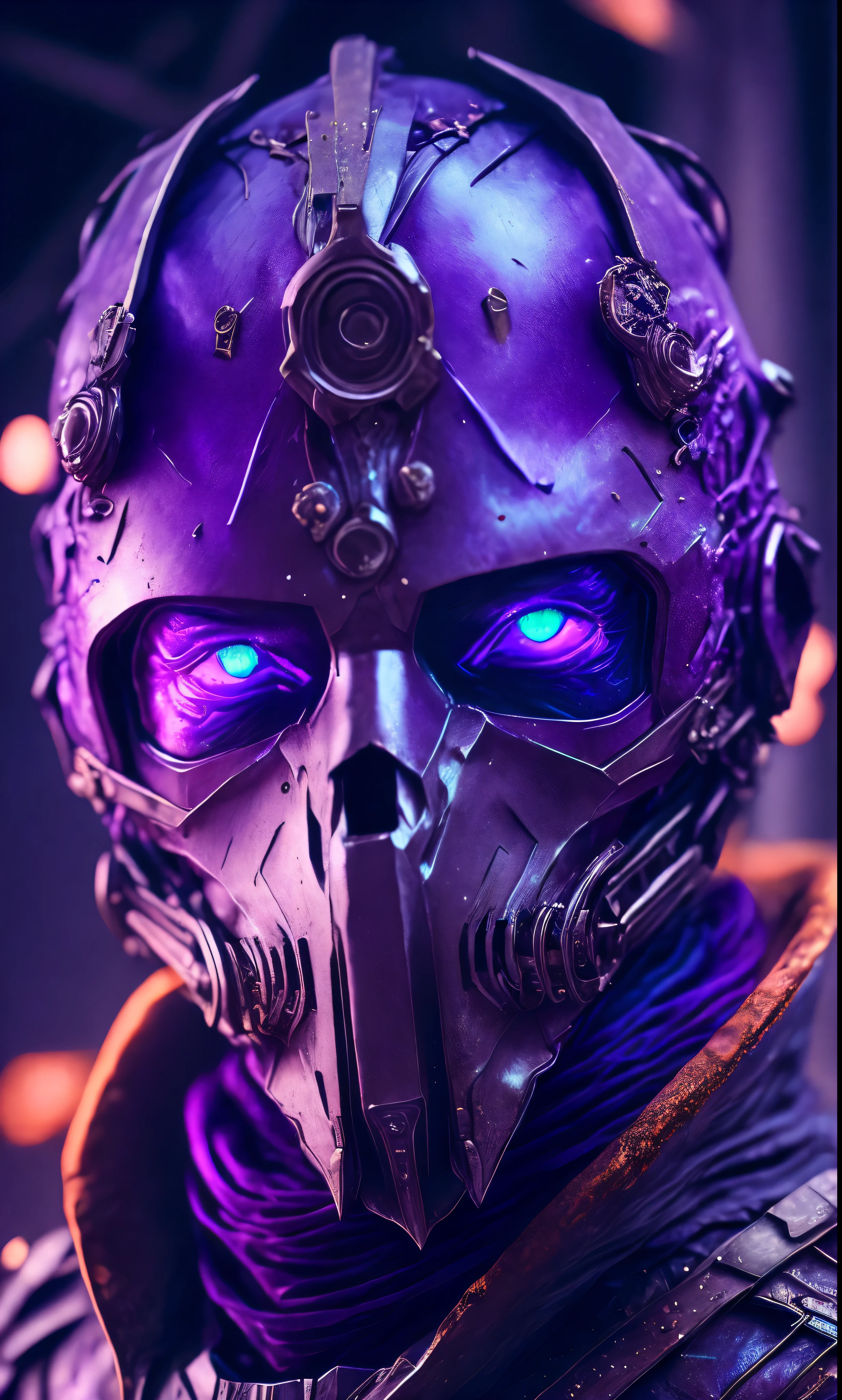 breathtaking cinematic science fiction photo of a portrait of a non human masked Grim wrapped in purple chrome metal skin, body full glowing metrics inside, glowing multicoloured eyes, multifaceted eyes, metallic arms, inside a destroyed building, extremely menacing creature, highly detailed, award-winning