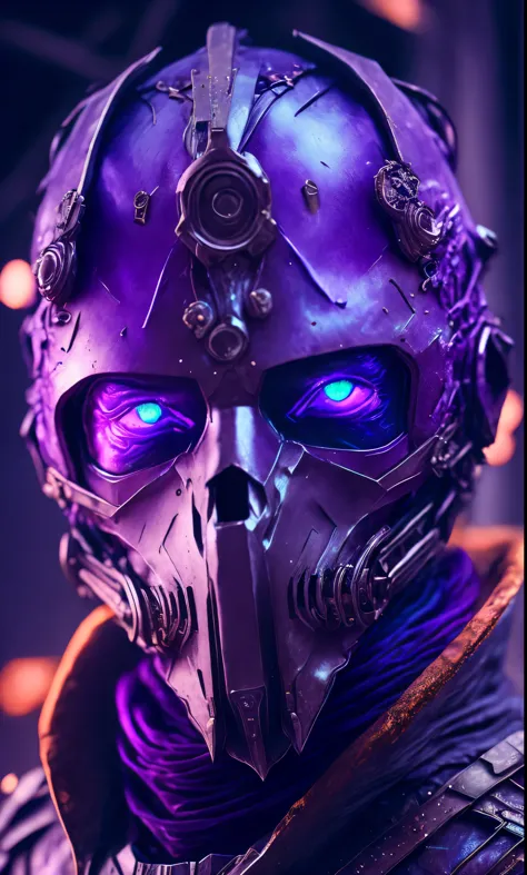 breathtaking cinematic science fiction photo of a portrait of a non human masked Grim wrapped in purple chrome metal skin, body ...