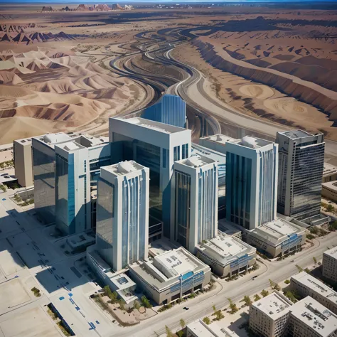 aerial view of Modern building skycraper robust white futuristic LED illuminated blue windows and doors, set in Utah desert orange sunny day realistic texture illuminated ambient day sun city ESG, paved streets, bike paths, bridges and traffic, afforestati...