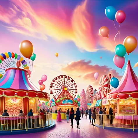 a sunset over a vibrant candyland, with colorful balloons, ice cream, and drinks 🎈🍦🍹❤(😘👩🎀👗⚜👒👡💅)🎪🎢🎡🎠. the scene is full of excite...