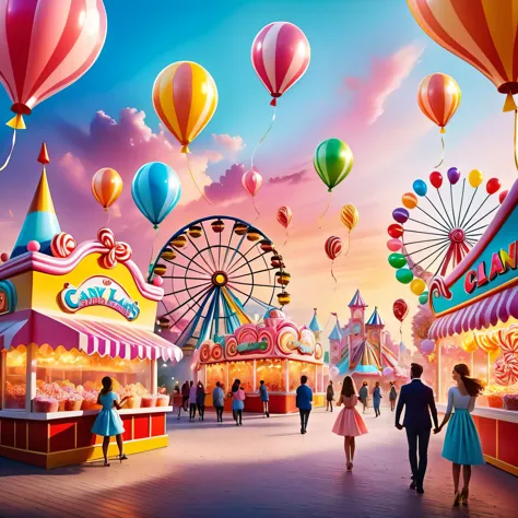 A sunset over a vibrant Candyland, with colorful balloons, ice cream, and drinks 🎈🍦🍹❤(😘👩🎀👗⚜👒👡💅)🎪🎢🎡🎠. The scene is full of excite...