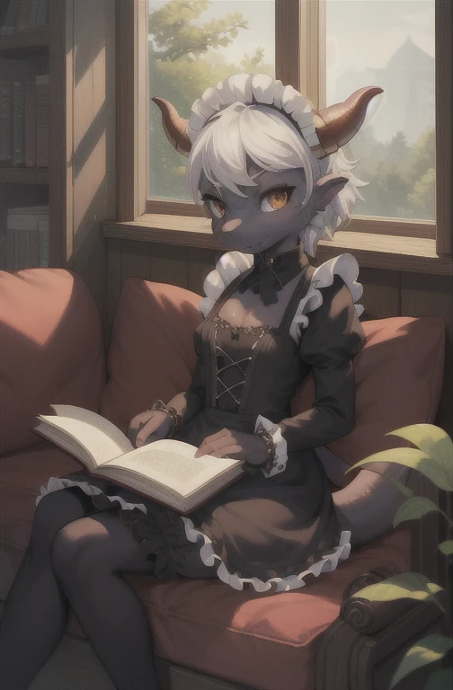 masterpiece, best quality,1girl,furry,reading book,horn,(Kobold:1.2),side of windows,
perfect light,sit,dark skin,animal nose,solo,dragon female,tail,detail fur
adorable,maid dresss, looking at viewer