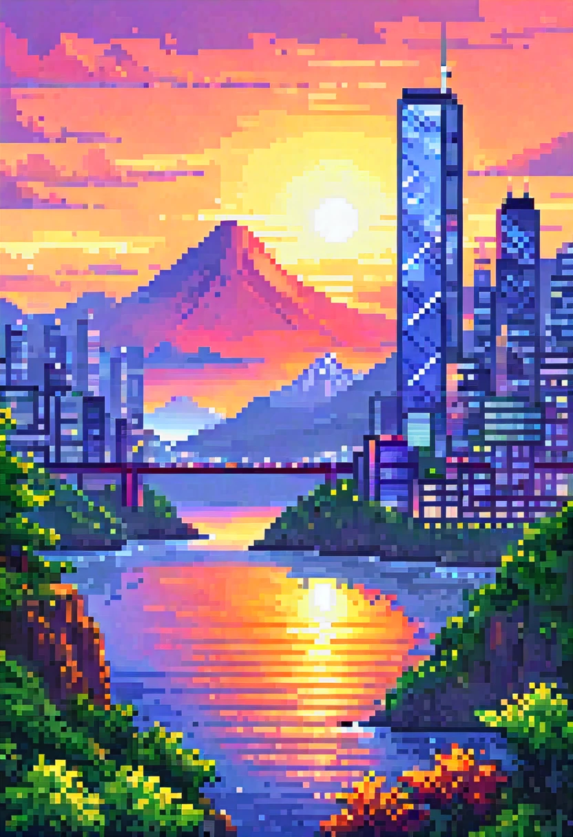 pixel art, (((sunset))), flat color, Golden ratio, {masterpiece:1.5}, beautiful sunset cityscape, Scottish landscape, office towers, forest, mountains, ocean, bridges, leaves, city lights, sidescroller, The picture fills the canvas, {flowing:1.2}, dynamic angle