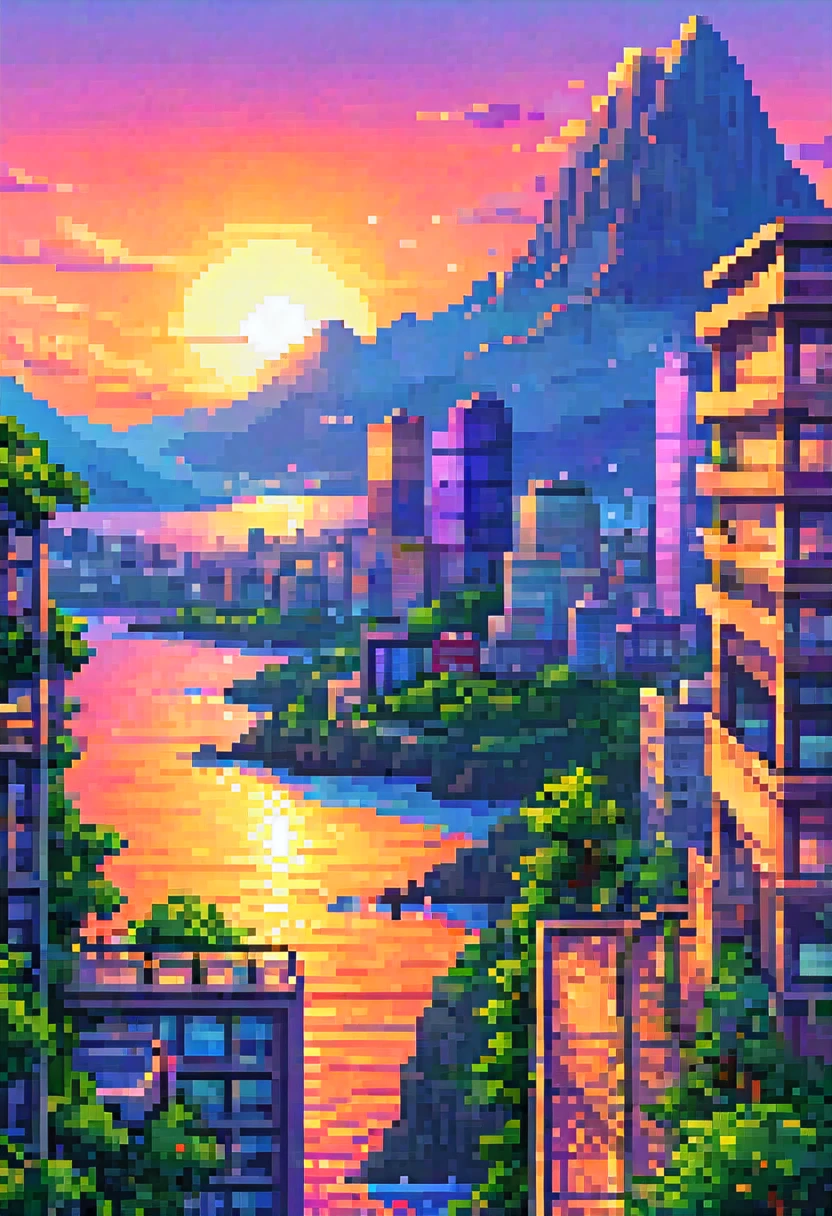 pixel art, (((sunset))), flat color, Golden ratio, {masterpiece:1.5}, beautiful sunset cityscape, Scottish landscape, office towers, forest, mountains, ocean, bridges, leaves, city lights, sidescroller, The picture fills the canvas, {flowing:1.2}, dynamic angle