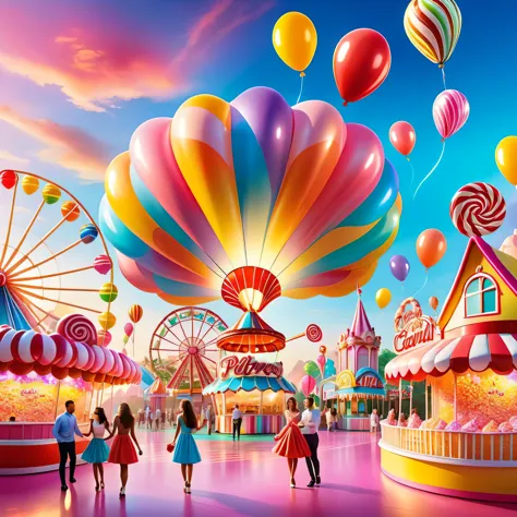 A sunset over a vibrant Candyland, with colorful balloons, ice cream, and drinks 🎈🍦🍹❤(😘👩🎀👗⚜👒👡💅)🎪🎢🎡🎠. The scene is full of excite...