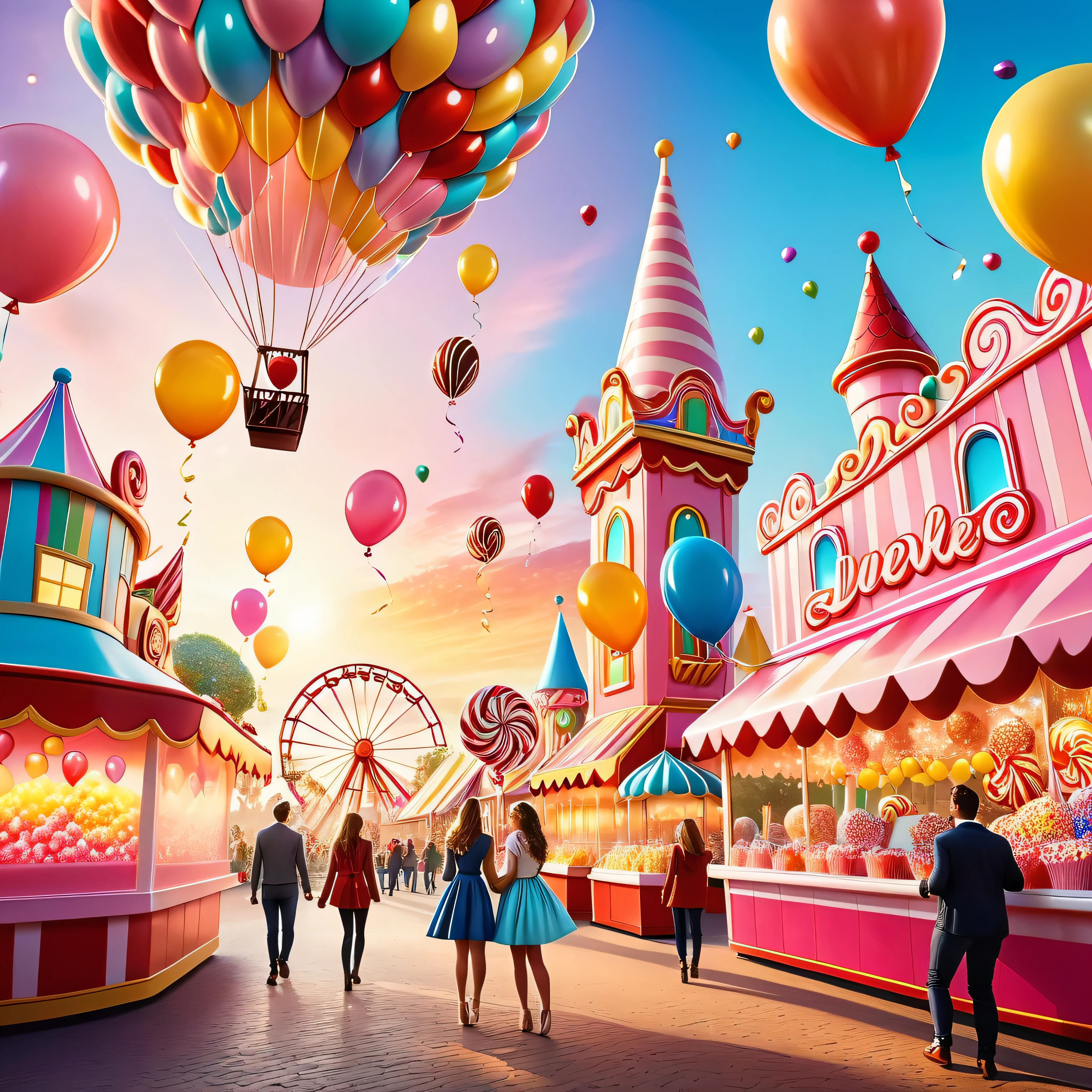 A sunset over a vibrant Candyland, with colorful balloons, ice cream, and drinks 🎈🍦🍹❤(😘👩🎀👗⚜👒👡💅)🎪🎢🎡🎠. The scene is full of excitement and joy, with a variety of attractions. The sky is ablaze with a mix of warm and cool tones, creating a stunning backdrop. The lighting is soft and golden, casting a warm glow over the entire landscape. The vibrant colors of the candy-inspired structures stand out against the pastel sky. The candy-themed buildings are adorned with intricate details, from candy canes to lollipops, creating a whimsical and magical atmosphere. The balloons float in the air, adding an element of playfulness and fun to the scene. The air is filled with laughter and happy chatter as people enjoy the festive atmosphere. The characters are beautifully dressed, with elegant outfits and delicate accessories. Their eyes shine with excitement and anticipation, while their lips display a cheerful smile. The girls' dresses are adorned with bows and ribbons, adding a touch of femininity to their appearance. The scene captures the beauty of friendship and the enjoyment of a carefree day at the amusement park. The overall image quality is of the highest standard, with a focus on every minute detail. The image is ultra-detailed, bringing to life every aspect of the scene. The colors are vivid and vibrant, enhancing the magical atmosphere of the Candyland. The lighting is carefully crafted, creating a sense of depth and dimension. The photorealistic rendering adds a sense of realism to the artwork, making it appear almost like a photograph. The art style combines elements of both illustration and photography, creating a unique and captivating visual experience. The colors are carefully chosen to evoke a sense of wonder and enchantment. The scene is bathed in warm hues, creating a dreamlike ambiance. The lighting highlights the key features of the landscape, adding depth and dimension to the image. In summary, the prompt describe a beautiful sunset candyland