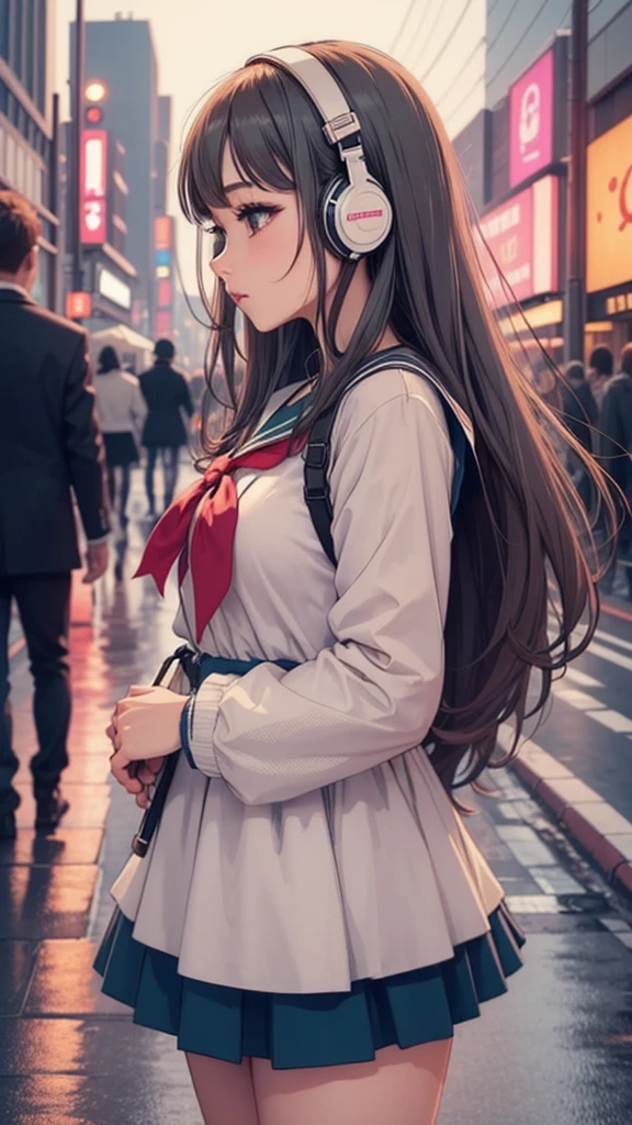 (masterpiece), (highest quality:1.4), (ultra high resolution:1.2),  super detailed background, (unity 8k wallpaper),Shibuya Ward、city pop、(headphones:1.2)、masterpiece, (anime girl alone:1.3), incredibly absurd, sailor suit,pedestrian crossing, outdoor, rain, Tokyo, neon light.high school girl、profile、whole body、