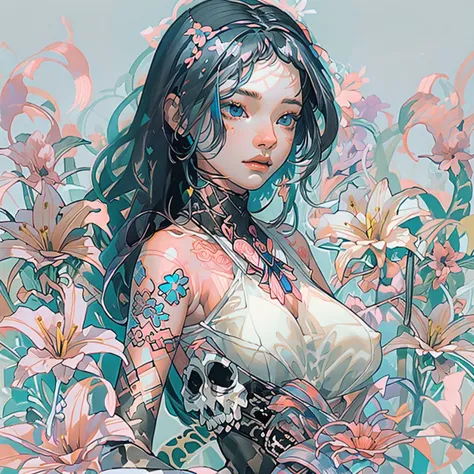 ((Create MAXZenArt!))_((One, 1 girl, tattoos, glowing tattoos, brilliant, white-fluffy 16+), (skull, Flowers), (black transparen...