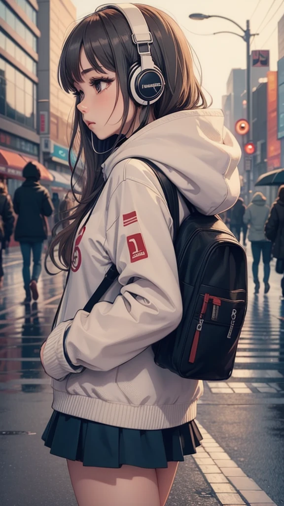 (masterpiece), (highest quality:1.4), (ultra high resolution:1.2),  super detailed background, (unity 8k wallpaper),Shibuya Ward、city pop、(headphones:1.2)、masterpiece, (anime girl alone:1.3), incredibly absurd, hoodie,pedestrian crossing, outdoor, rain, Tokyo, neon light.high school girl、profile、whole body、