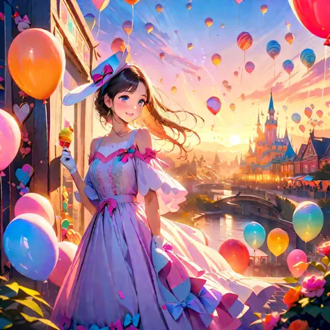 a sunset over a vibrant candyland, with colorful balloons, ice cream, and drinks 🎈🍦🍹❤(😘👩🎀👗⚜👒👡💅)🎪🎢🎡🎠. the scene is full of excite...