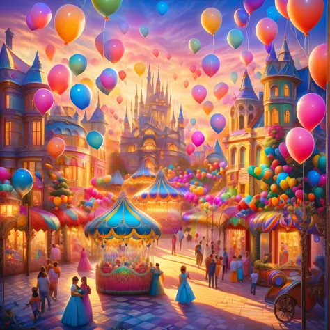 A sunset over a vibrant Candyland, with colorful balloons, ice cream, and drinks 🎈🍦🍹❤(😘👩🎀👗⚜👒👡💅)🎪🎢🎡🎠. The scene is full of excite...