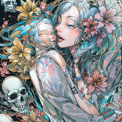 ((Create MAXZenArt!))_((One, 1 girl, tattoos, glowing tattoos, brilliant, white-fluffy 16+), (skull, Flowers), (black transparen...