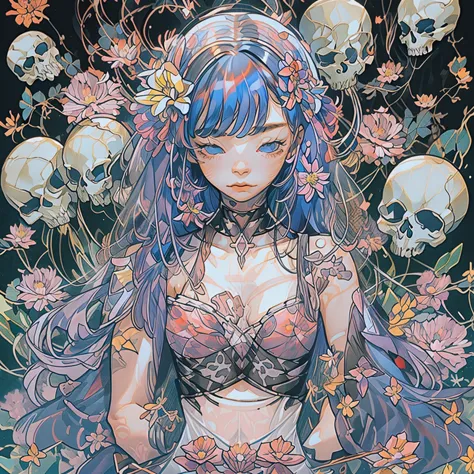 ((Create MAXZenArt!))_((One, 1 girl, tattoos, glowing tattoos, brilliant, white-fluffy 16+), (skull, Flowers), (black transparen...