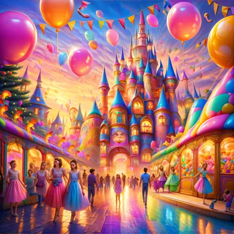 A sunset over a vibrant Candyland, with colorful balloons, ice cream, and drinks 🎈🍦🍹❤(😘👩🎀👗⚜👒👡💅)🎪🎢🎡🎠. The scene is full of excite...