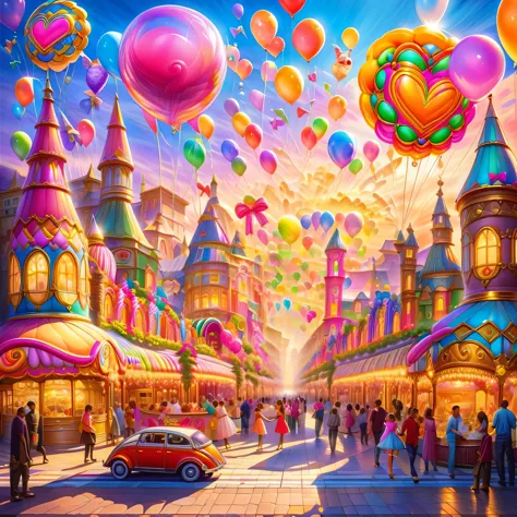 A sunset over a vibrant Candyland, with colorful balloons, ice cream, and drinks 🎈🍦🍹❤(😘👩🎀👗⚜👒👡💅)🎪🎢🎡🎠. The scene is full of excite...