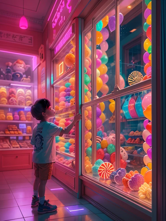 有趣的橱窗展示, 创意橱窗展示, 糖果展示. 糖果乐园, 糖果店, 糖果工厂, 全局照明. 粒子追踪. 霓虹灯, 丰富多彩的. 8k超高清. 孩子看着窗户。孩子回头看.）