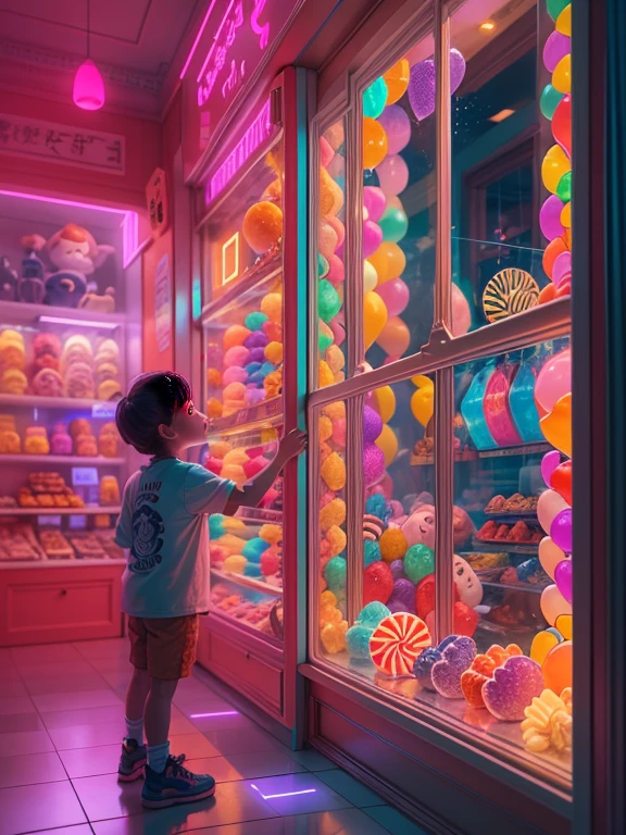 Interesting window display, Creative window display, Display of candy. candyland, candy shop, candy factory, Global illumination. Particle tracing. neon lights, Colorful. 8k ultra high definition. The kid looks into the window。kid look's back.）