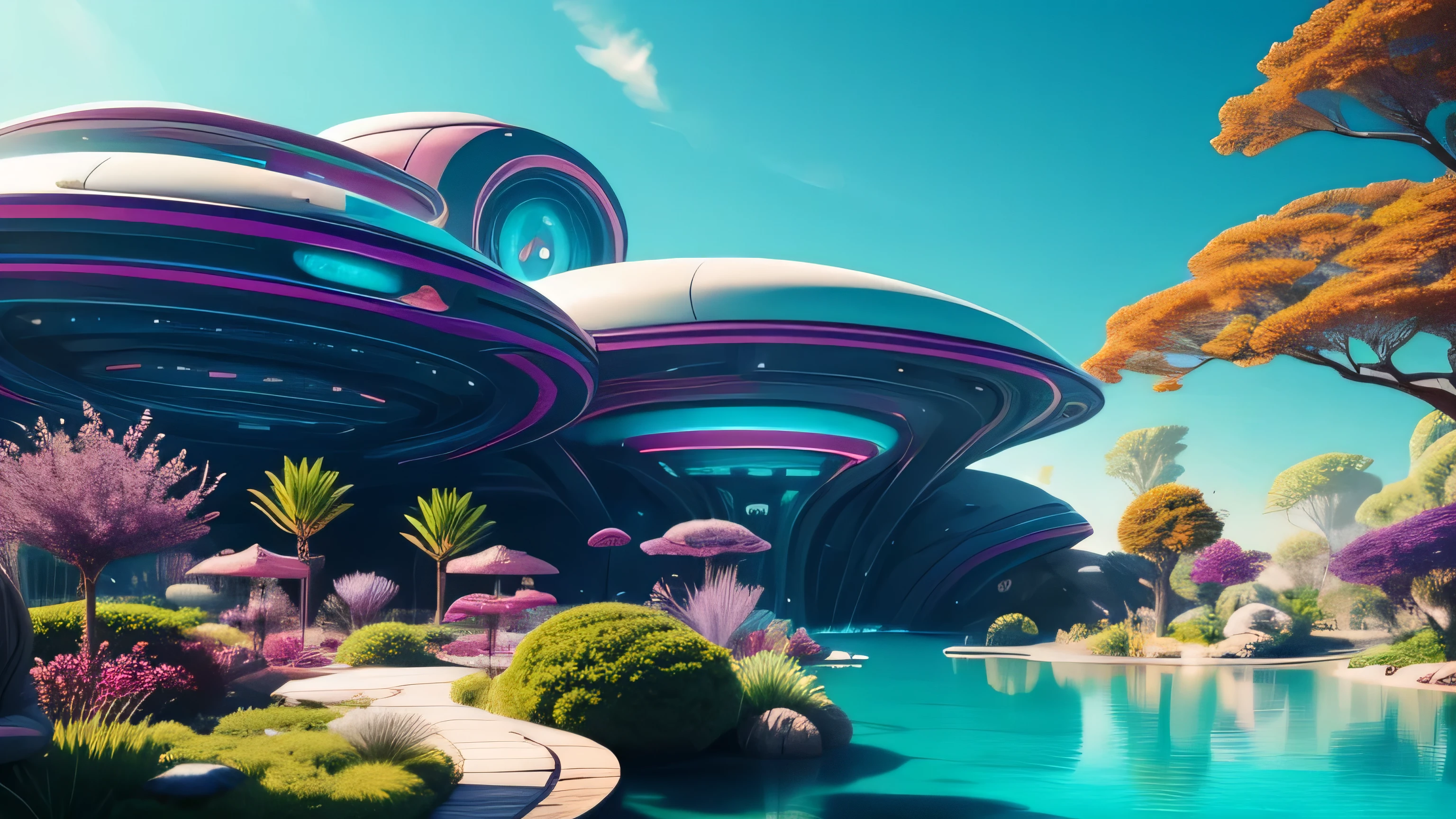 Alien world underwater metal sci-fi Alien style house with oval forms vivid colors, Turquoise sky, purple shrubs and trees, green water