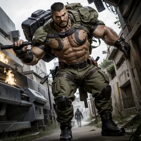 der riese、Muscle men、a chinese male、Doomsday style，gaming character，Armed with a heavy machine gun，Wear military boots，There are...