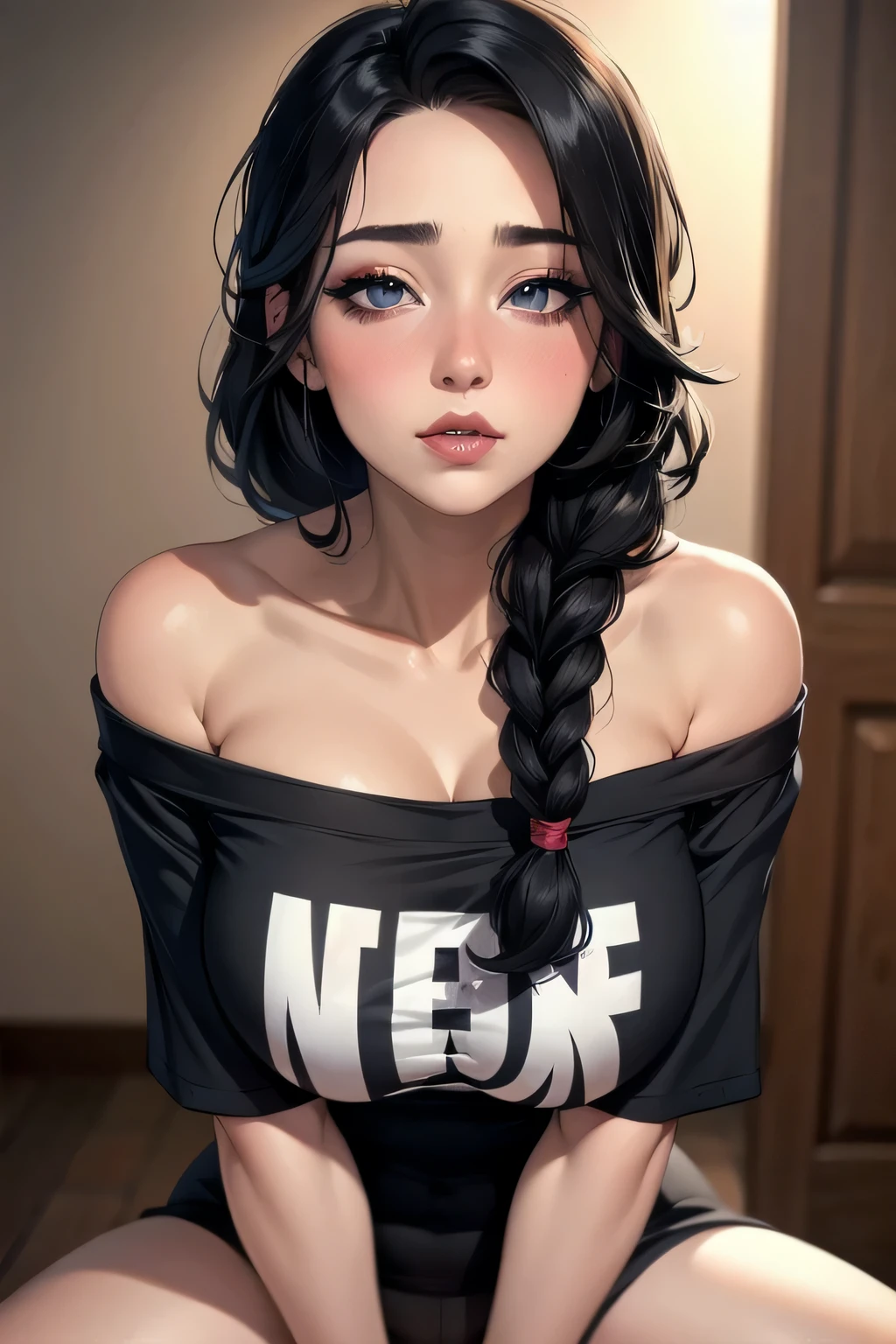 Sexy woman, black hair, single braid, seductive eyes, intense gaze, mouth parted, deep blush, flustered, beautiful face, amazing makeup, off shoulder t shirt