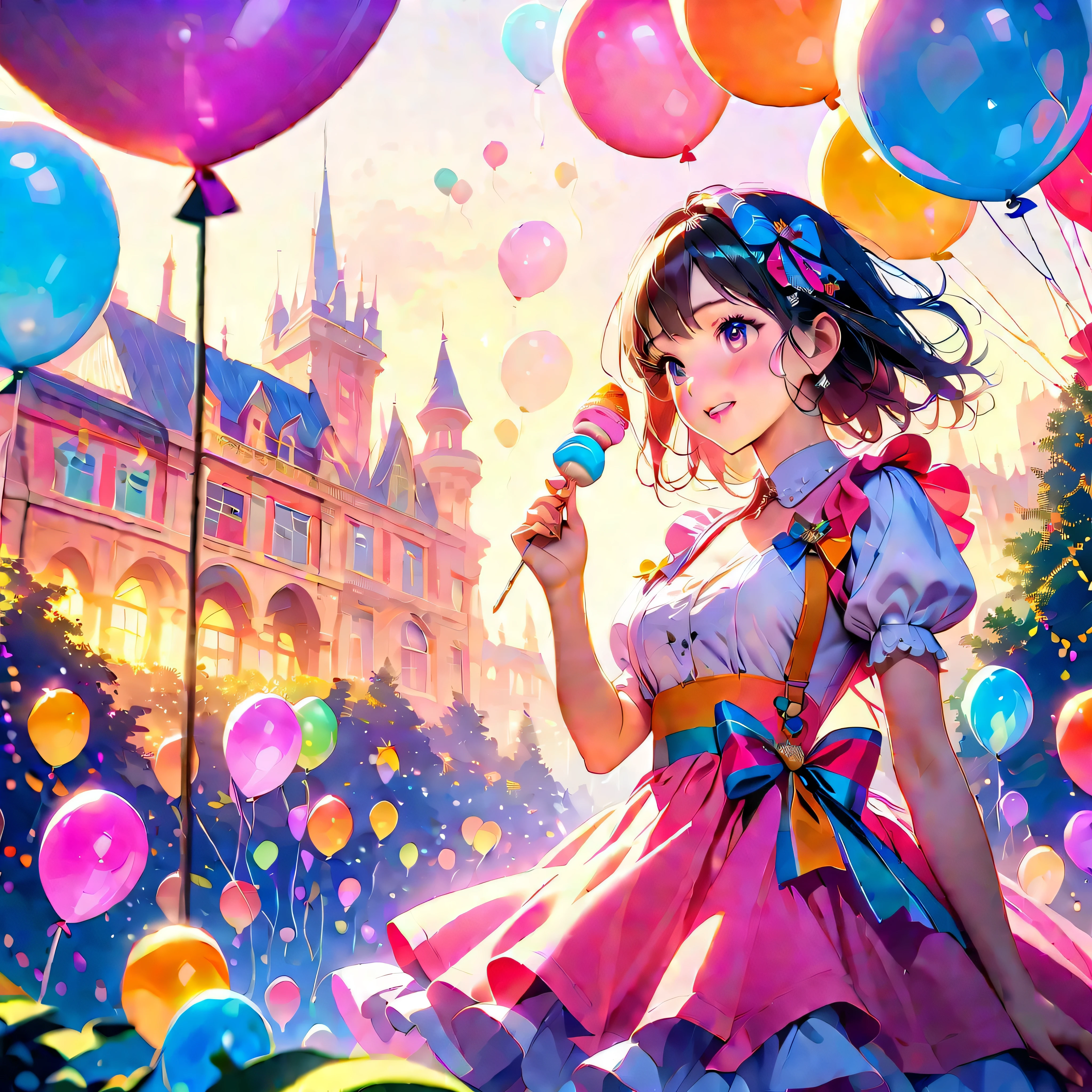 A sunset over a vibrant Candyland, with colorful balloons, ice cream, and drinks 🎈🍦🍹❤(😘👩🎀👗⚜👒👡💅)🎪🎢🎡🎠. The scene is full of excitement and joy, with a variety of attractions. The sky is ablaze with a mix of warm and cool tones, creating a stunning backdrop. The lighting is soft and golden, casting a warm glow over the entire landscape. The vibrant colors of the candy-inspired structures stand out against the pastel sky. The candy-themed buildings are adorned with intricate details, from candy canes to lollipops, creating a whimsical and magical atmosphere. The balloons float in the air, adding an element of playfulness and fun to the scene. The air is filled with laughter and happy chatter as people enjoy the festive atmosphere. The characters are beautifully dressed, with elegant outfits and delicate accessories. Their eyes shine with excitement and anticipation, while their lips display a cheerful smile. The girls' dresses are adorned with bows and ribbons, adding a touch of femininity to their appearance. The scene captures the beauty of friendship and the enjoyment of a carefree day at the amusement park. The overall image quality is of the highest standard, with a focus on every minute detail. The image is ultra-detailed, bringing to life every aspect of the scene. The colors are vivid and vibrant, enhancing the magical atmosphere of the Candyland. The lighting is carefully crafted, creating a sense of depth and dimension. The photorealistic rendering adds a sense of realism to the artwork, making it appear almost like a photograph. The art style combines elements of both illustration and photography, creating a unique and captivating visual experience. The colors are carefully chosen to evoke a sense of wonder and enchantment. The scene is bathed in warm hues, creating a dreamlike ambiance. The lighting highlights the key features of the landscape, adding depth and dimension to the image. In summary, the prompt describe a beautiful sunset candyland