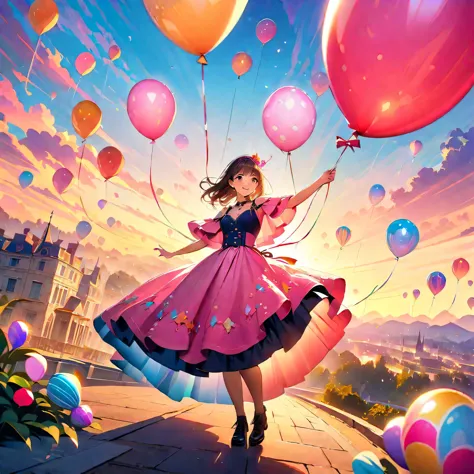 a sunset over a vibrant candyland, with colorful balloons, ice cream, and drinks 🎈🍦🍹❤(😘👩🎀👗⚜👒👡💅)🎪🎢🎡🎠. the scene is full of excite...