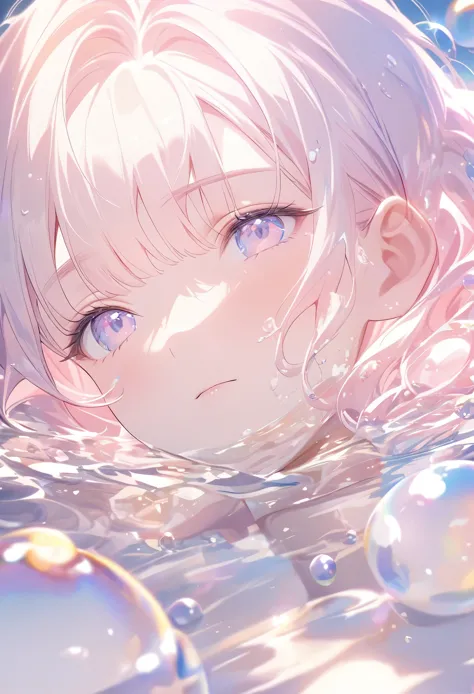 A person lying in water，With fluid abstract，Reflection and mirroring styles，Clear light pink，Clear water，White soap bubbles，Boke...
