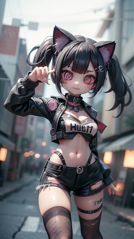 2D,#quality(8k,wallpaper of extremely detailed CG unit, ​masterpiece,hight resolution,top-quality,top-quality real texture skin,hyper realisitic,increase the resolution,RAW photos,best qualtiy,highly detailed,the wallpaper), BREAK,solo,#1girl(cute,kawaii,evil smile,hair floating,hair messy,black hair,long hair,twin tails hair,pale skin,skin color blue,eyes are red,red eyes shining,big eyes,ripped clothe:1.8,tight tube top,breast,tight hot pants,dynamic pose:2.0,dynamic angle:1.4,stomach shown :0.8,punk fashion,black cat ear:1.4,from below),#background(outside,noisy city,backstreet,narrow street,street lights),[chibi:2.0],