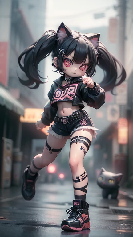 2D,#quality(8k,wallpaper of extremely detailed CG unit, ​masterpiece,hight resolution,top-quality,top-quality real texture skin,hyper realisitic,increase the resolution,RAW photos,best qualtiy,highly detailed,the wallpaper), BREAK,solo,#1girl(cute,kawaii,evil smile,hair floating,hair messy,black hair,long hair,twin tails hair,pale skin,skin color blue,eyes are red,red eyes shining,big eyes,ripped clothe:1.8,tight tube top,breast,tight hot pants,dynamic pose:2.0,stomach shown :0.8,punk fashion,black cat ear:1.4,dynamic pose:1.4),#background(outside,noisy city,backstreet,narrow street,dark:2.0,neon lights),[chibi:2.0],