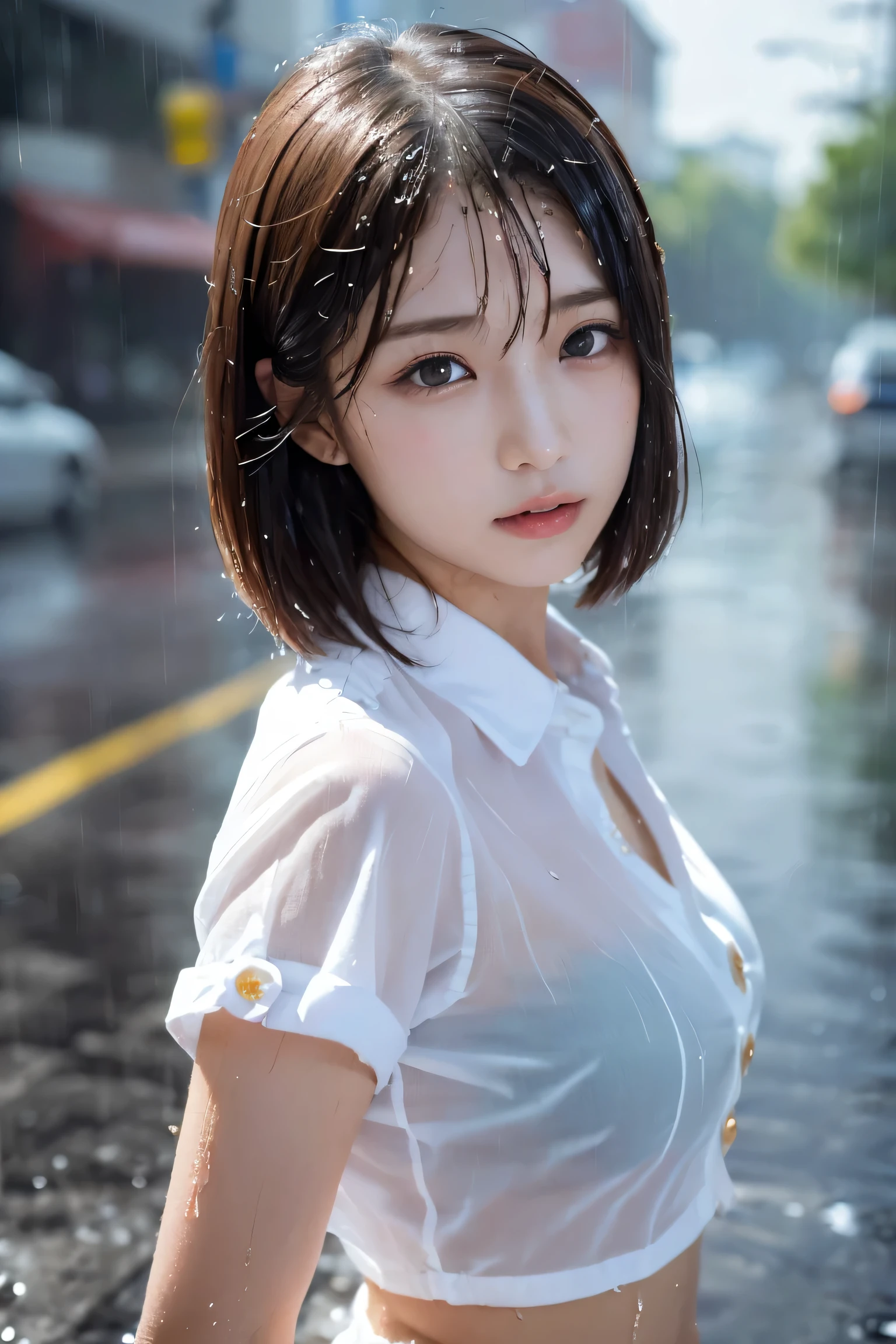 ((best image quality、8K、masterpiece:1.3))、sharp focus:1.2、beautiful woman with perfect body:1.4、slim belly:1.2、((layered haircut、big:1.2))、(No bra)(small and beautiful、hard(thin, Damp buttons down shirt length:1.1)、(School teacher&#39;s outfit wet from the rain:1.3)、(rain、street:1.2)、wet body:1.1、Highly detailed face and skin texture、detailed eye、double eyelid、 sunburned skin、Sexy、sunburn、Nogizaka Idol、korean idol、Gravure idol pose、