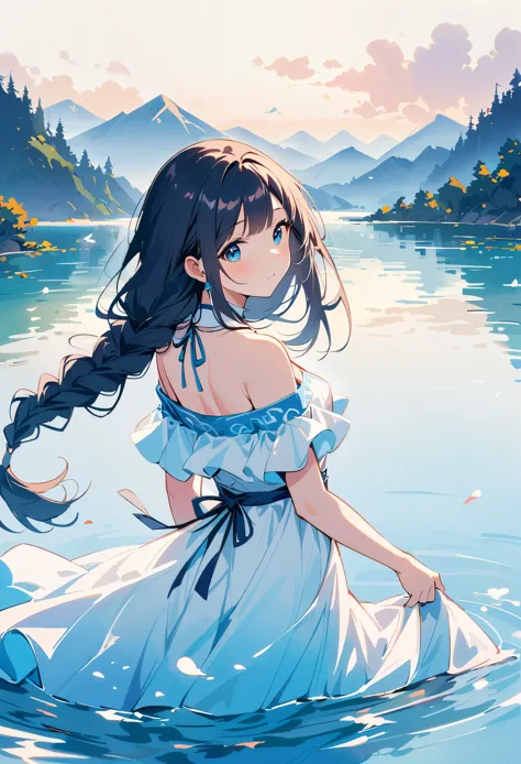 A beautiful Chinese woman with long black braids, wearing an off-shoulder blue and white gradient dress, stands by the lake in S...