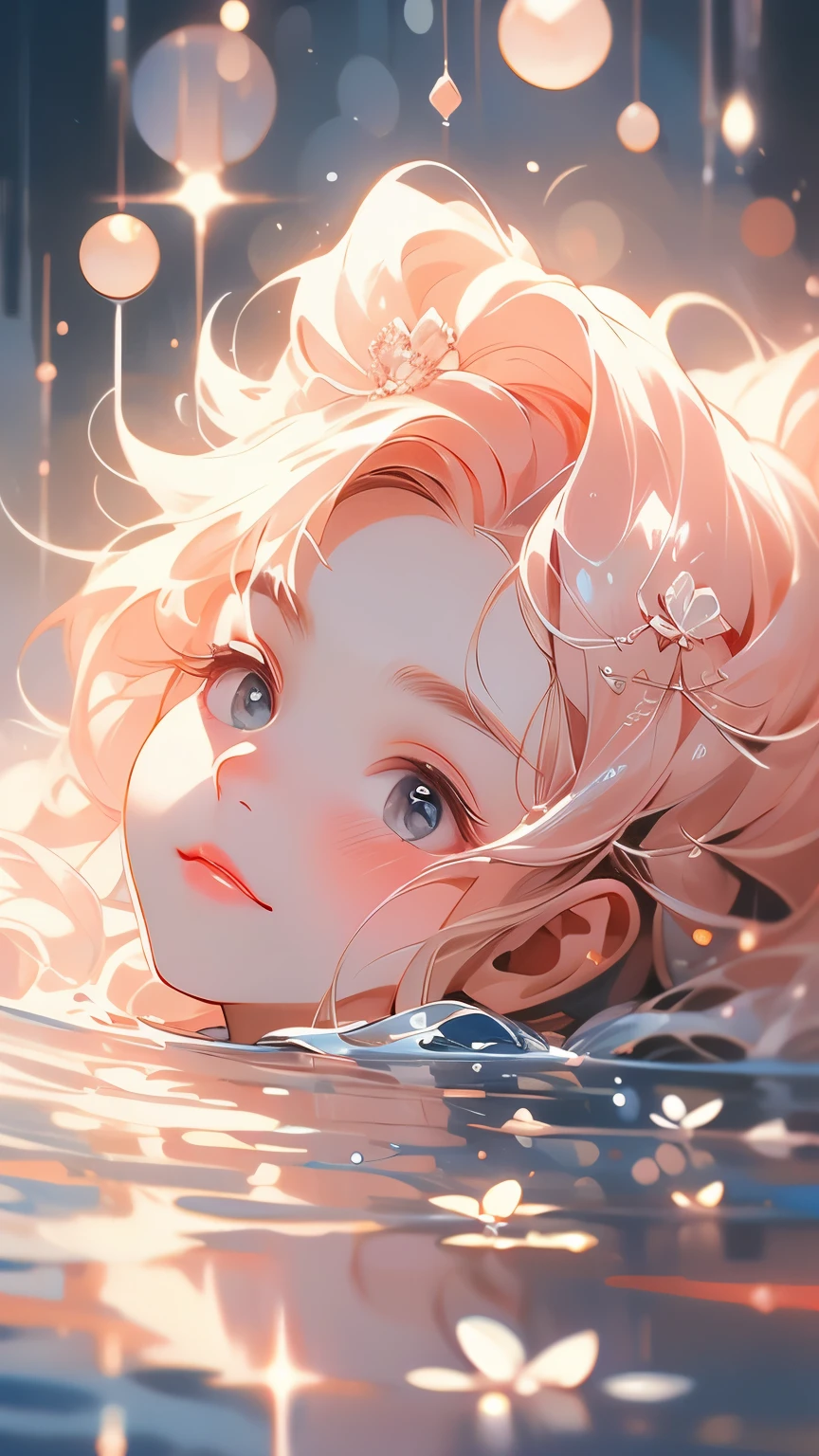 A person lying in water，With fluid abstract，Reflection and mirroring styles，Clear light pink，Clear water，White soap bubbles，Bokeh shots，Close-up from the neck up，Head close-up