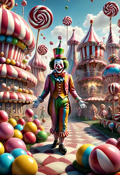 Candyland, circus troup, clowns, Joker perform, best quality, masterpiece, very aesthetic, perfect composition, intricate detail...