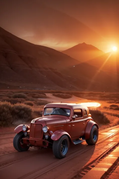 Hot rod race (3Hotrod, orange, blue, pink) on an alien planet in the twilight of a rising sun, dynamic drifting,, dusty, mountai...