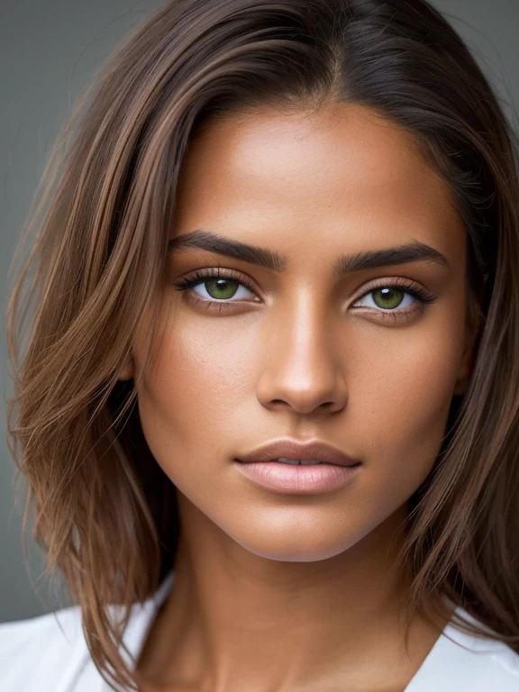 Portrait photorealistic d&#39;a young tanned brazilian model&#39;stunning beauty without makeup, extremely detailed light green eyes, detailed symmetrical realistic face, extremely detailed natural texture, Cheveux brune , chef-d&#39;artwork, absurde, photo primée de Lee Jeffries, Banque d&#39;images sur film Nikon D850, Appareil photo Kodak Portra 400 f1.6 lentilles, extremely detailed, incroyable, finely detailed, saturated colors, hyper realistic realistic texture, dramatic lighting, Unreal engine, tendance sur Artstation, cinestill 800 tungstène, regarder le spectateur, photorealistic, Photo brute, TanvirTamim, high quality, high resolution, sharpness, extremely detailed, cinema lighting, 8k euh,-imaginer-