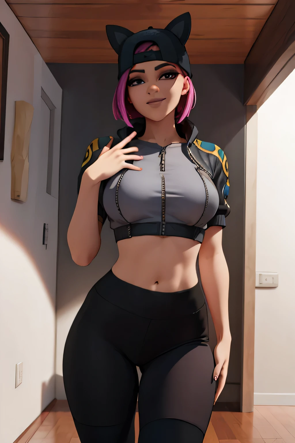 1 girl, (masterpiece), (Best Quality), standing, (Alone), looking at the viewer, high detailed,extremely detailed, fine eyes, smile,dynamic pose, short pink hair,cap,crop top, black jacket,fingerless glove,With curves,forest,Glasses,(black leggings),(portrait:1.2),