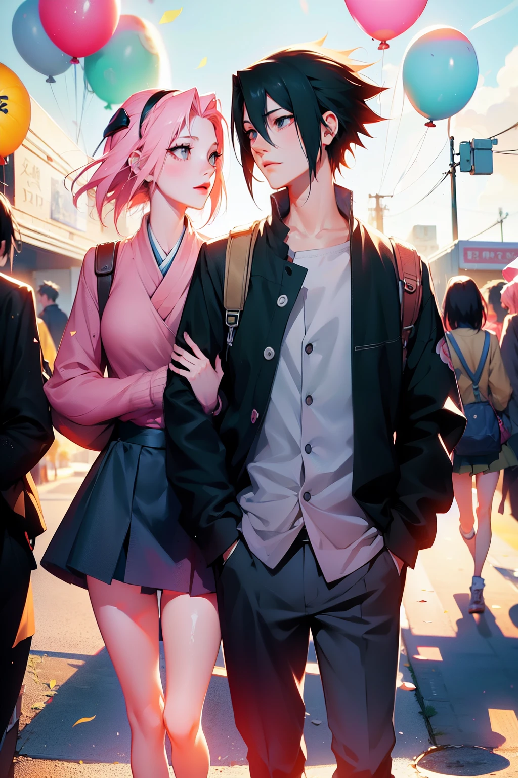 sasusaku. Sasuke Uchiha, a tall man with black hair and wearing his, is a student and has his hands in his pockets. Sakura, a thin woman with pink hair, has her hands in her pockets. best quality, adorable, ultra-detailed, illustration, complex, detailed, extremely detailed, detailed face, soft light, soft focus, perfect face. In love, illustration. two people, couple, festival, balloons, lovers