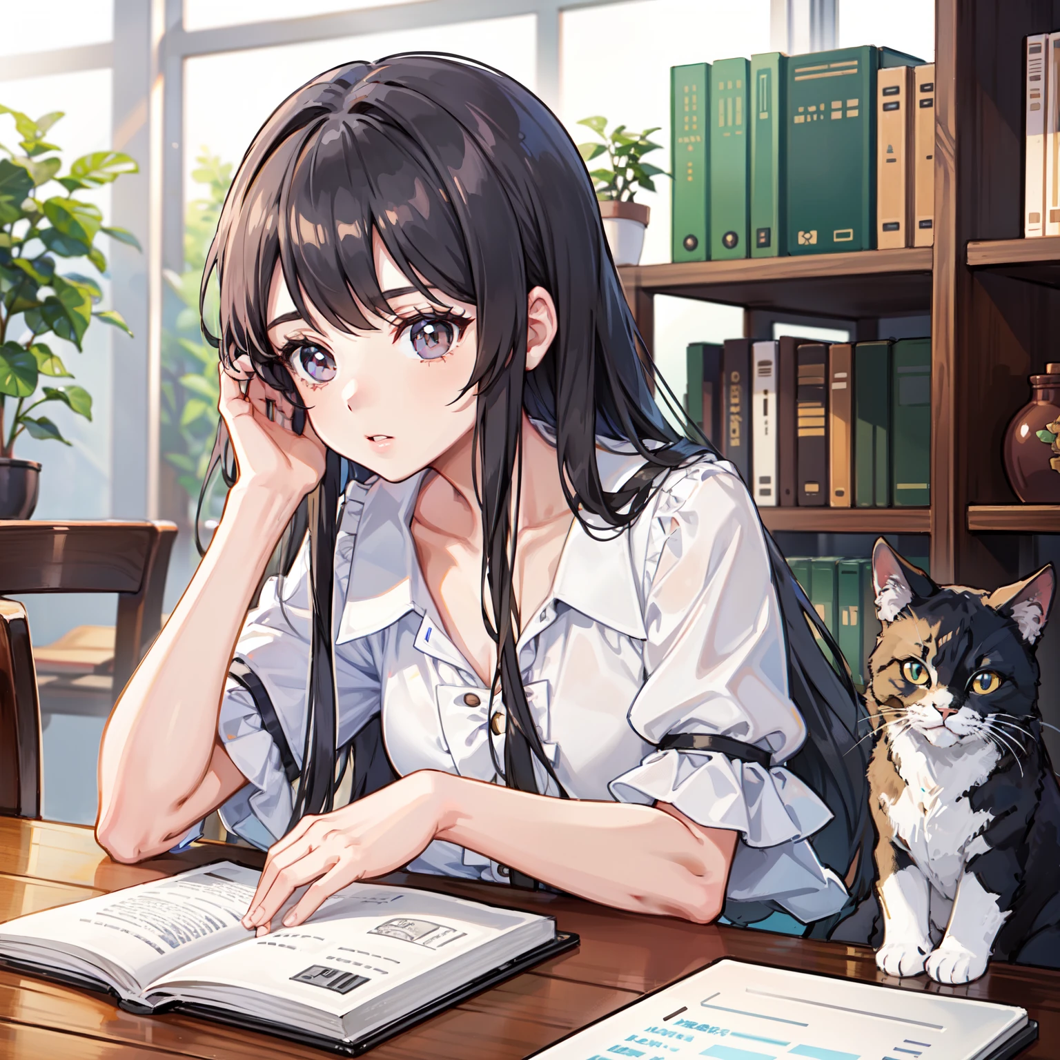 A girl using a computer and a cat、16：Make it in 9