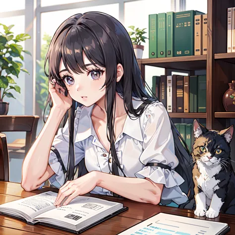 a girl using a computer and a cat、16：make it in 9