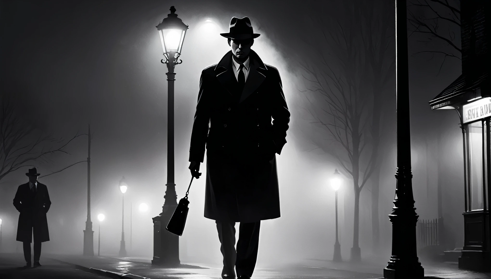 un malhumorado, escena en blanco y negro de un detective duro de roer de pie bajo una farola en una noche brumosa, con largas sombras y contrastes marcados que evocan la estética clásica del cine negro.