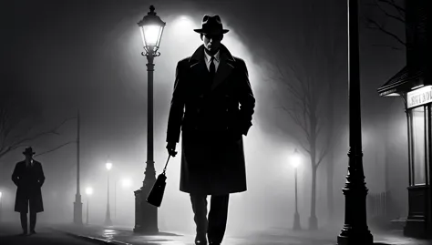 A moody, black and white scene of a hardboiled detective standing under a streetlight on a foggy night, with long shadows and st...