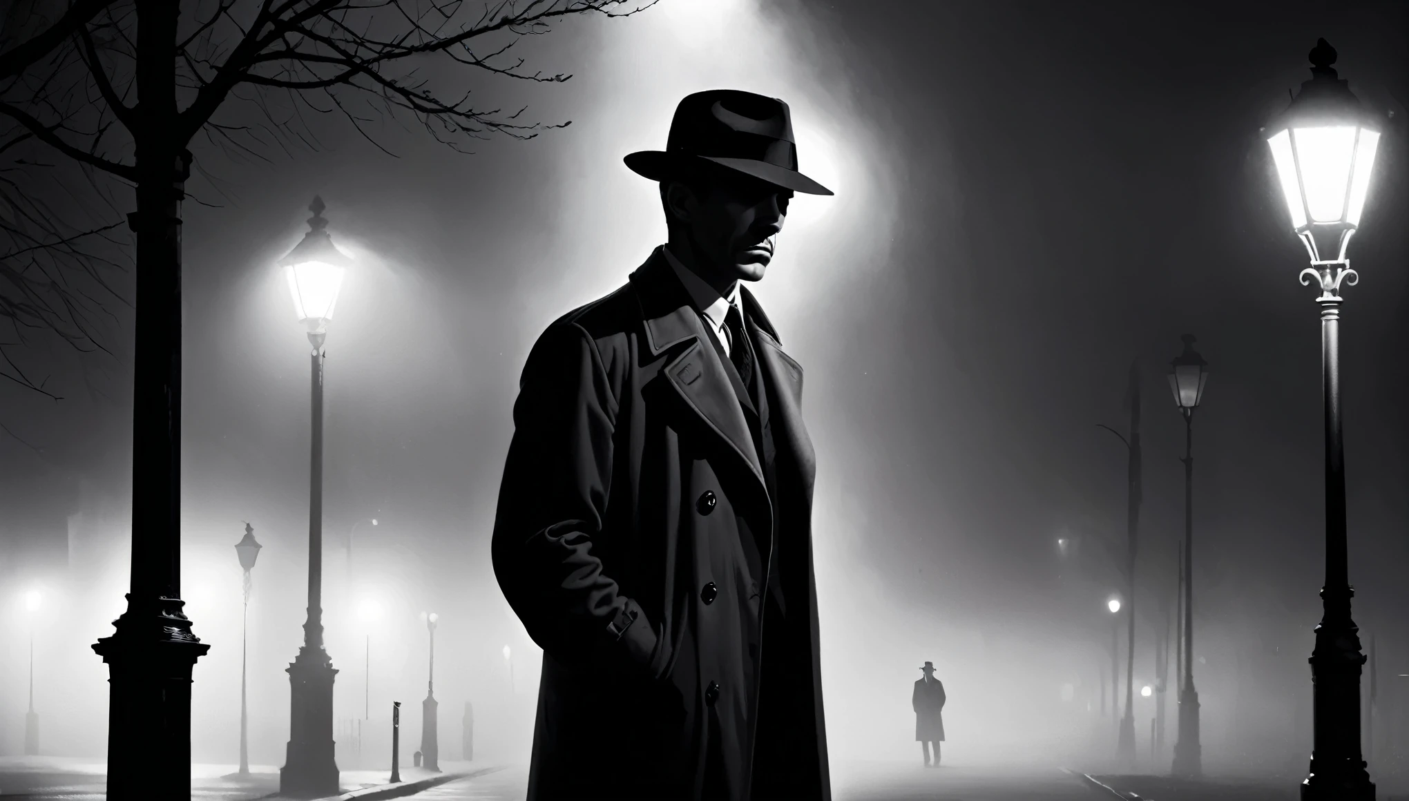 un malhumorado, escena en blanco y negro de un detective duro de roer de pie bajo una farola en una noche brumosa, con largas sombras y contrastes marcados que evocan la estética clásica del cine negro.