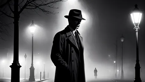 A moody, black and white scene of a hardboiled detective standing under a streetlight on a foggy night, with long shadows and st...
