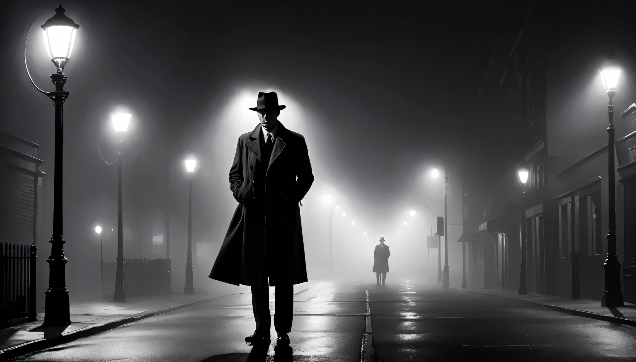 un malhumorado, escena en blanco y negro de un detective duro de roer de pie bajo una farola en una noche brumosa, con largas sombras y contrastes marcados que evocan la estética clásica del cine negro.