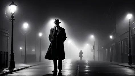 A moody, black and white scene of a hardboiled detective standing under a streetlight on a foggy night, with long shadows and st...