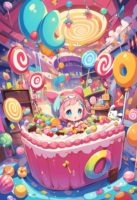 A colorful candy-themed mall with giant lollipops, candy canes, and chocolate bars adorning the walls, creating an enchanting at...