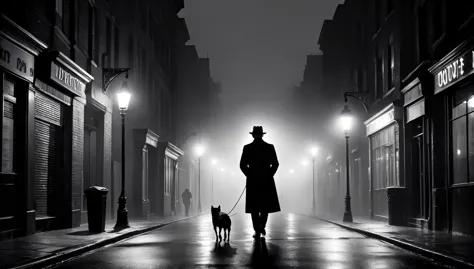 (highres,photorealistic:1.2),(HDR:1.1),(best quality:1.1),moody,black and white scene,hardboiled detective,streetlight,foggy nig...